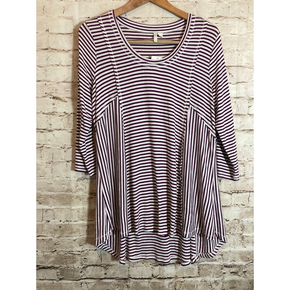 Cato Top 14/16W Purple & White Striped Hi-Low 3/4 Sleeve Ribbed Stretchy